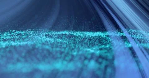 Image of blue light beams over undulating blue particles on black background 스톡 일러스트