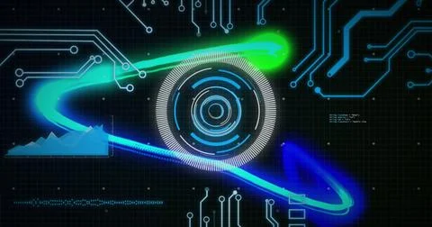 Image of blue light trails over circular scanner, data and motherboard on black Stock Photos