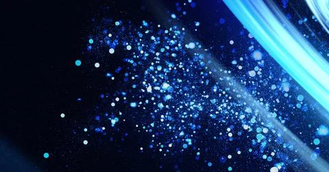 Image of blue lights over glowing blue and white particles floating on black Illustrazione stock