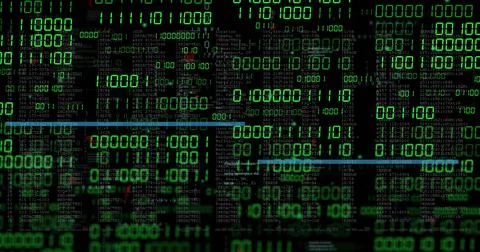 Image of blue lines and binary processing over text data on black background Stock Illustration