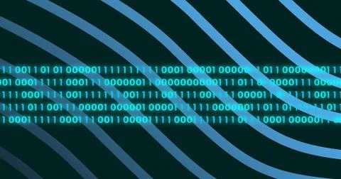 Image of blue lines over moving illuminated binary codes Stock Illustration