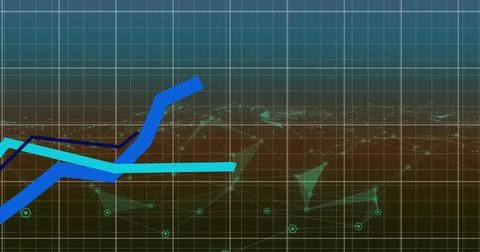 Image of blue lines recording over network of connections on grid in background Illustrazione stock