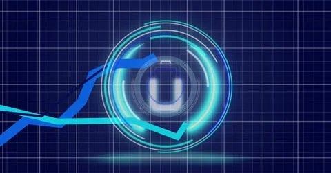 Image of blue lines, scope scanning and data processing over grid Stock Photos