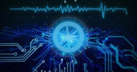 Image of blue loading ring over blue light trails and motherboard on black Foto stock