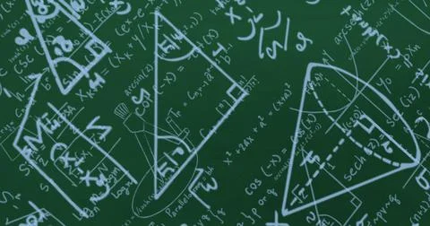 Image of blue mathematical formulae and geometric drawings on green 스톡 일러스트