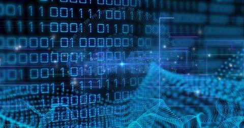 Image of blue mesh, binary coding, data processing Illustrazione stock