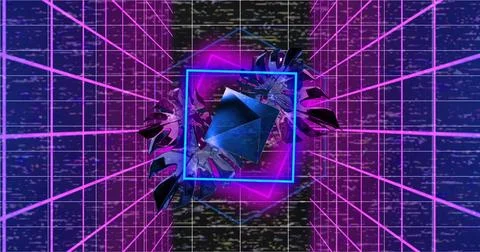 Image of blue neon square, 3d diamond and leaves rotating over pink grids on Stock Illustration