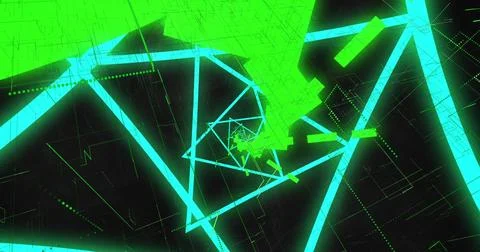 Image of blue neon triangular spiral and green dots and lines moving on black 写真素材