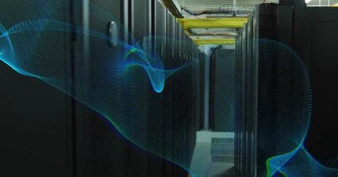 Image of blue network wave moving over dark computer server room 스톡 일러스트