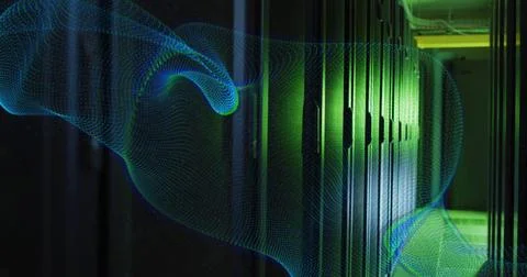 Image of blue network wave moving over dark computer server room 库存插图
