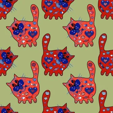 Image on blue, neutral and red versicolours. Love slogan. Nice cat girl with hea Stock Illustration