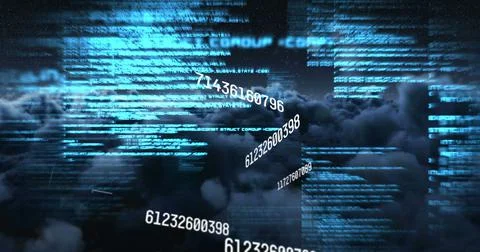 Image of blue numbers and computer code processing over cloudy sky Stock-Illustration