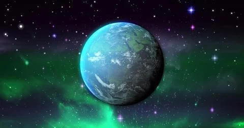 Image of blue planet over violet and green space with stars Stock Photos