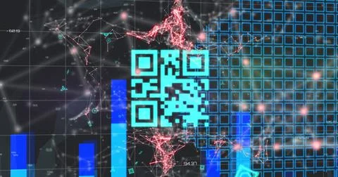 Image of blue QR code over red web of connection, blue graph Stock Illustration
