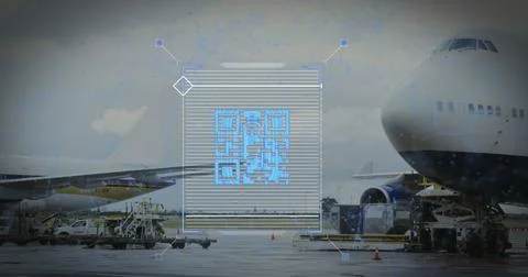Image of a blue QR code over an airplane taking off Illustrazione stock