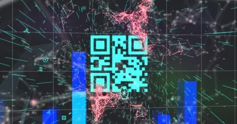 Image of a blue QR code over a red web of connection, blue graph appearing and a 库存照片