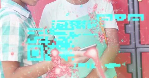 Image of a blue QR code with red web of connections over two biracial boys 스톡 사진