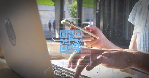 Image of a blue QR code scanning with a blue web of connections over  Caucasian 스톡 사진
