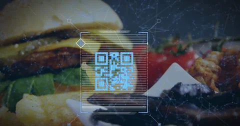 Image of blue QR code with web connections over fast food meal Stock Photos