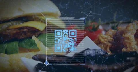 Image of a blue QR code with a web of connections over a fast food meal on a Foto stock