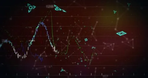 Image of a blue QR code with webs of connection over blue graph appearing Stock Illustration