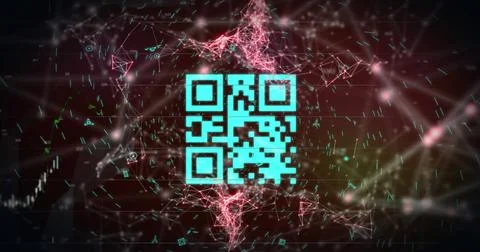 Image of a blue QR code with webs of connection over blue graph appearing Stock Illustration