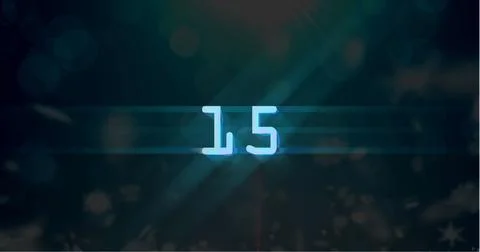 Image of blue retro digital number fifteen in countdown with screen flare on Stock Illustration