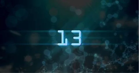 Image of blue retro digital number thirteen in countdown with screen flare on Stock Illustration