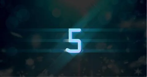 Image of blue retro digital number five in countdown with screen flare on black Stock Illustration