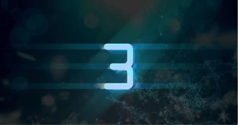 Image of blue retro digital number three in countdown with screen flare on black Stock Illustration