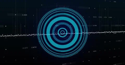 Image of blue round scanner and data processing against black background Illustrazione stock