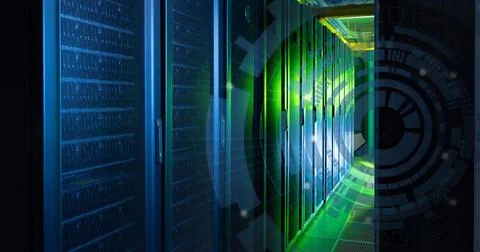 Image of blue round scanner spinning against computer server room Foto stock