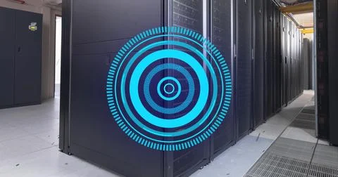 Image of blue round scanner spinning against computer server room Stock Photos