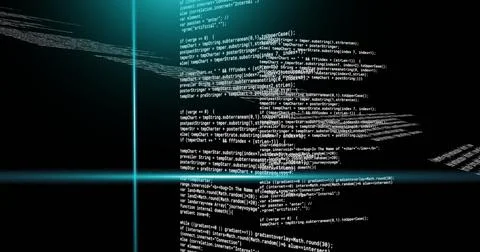Image of blue scanner beams over text data processing on dark background Foto stock