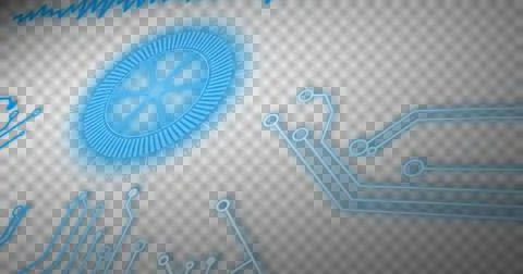 Image of blue scope scanning and computer circuit board elements on black Illustrazione stock