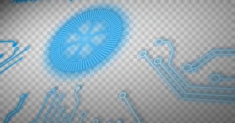 Image of blue scope scanning and computer circuit board elements on black 库存插图