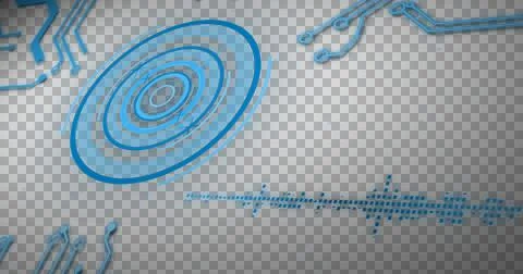 Image of blue scope scanning and computer circuit board elements on black Illustrazione stock