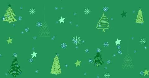 Image of blue snowflakes falling over christmas tree and star icons against Illustrazione stock