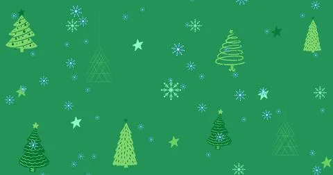 Image of blue snowflakes falling over christmas tree and star icons against Illustrazione stock