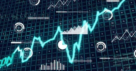 Image of blue stagflation text, graph and grid with data processing on black Foto stock
