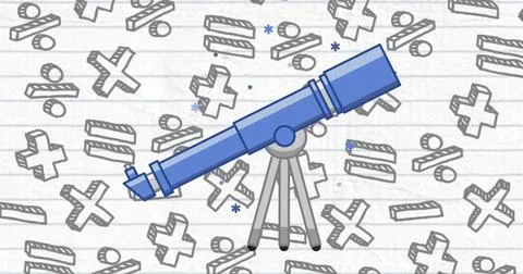 Image of blue telescope over mathematical symbols Stock Illustration
