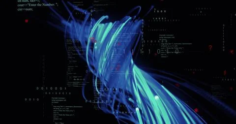 Image of blue trails over data processing on black background イラスト素材