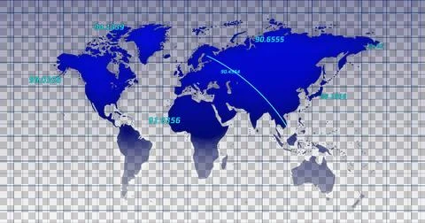 Image of blue world map and numbers changing over transparent background Ilustração Stock
