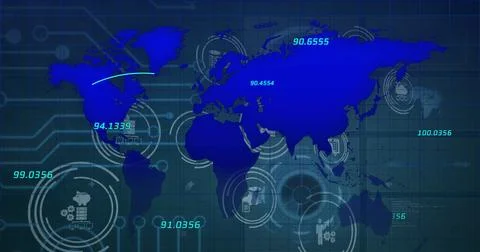 Image of blue world map and processing data over business icons connecting on Illustrazione stock