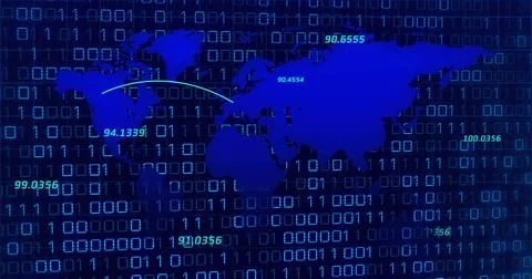 Image of blue world map and communication network over binary data processing on Stock Photos