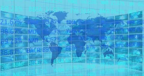 Image of a blue world map with data and information moving over multiple screens Stock Illustration
