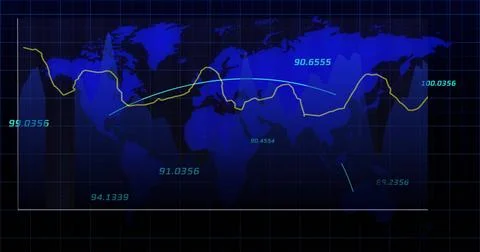 Image of blue world map, network and processing data on black background Illustrazione stock