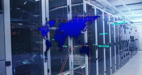 Image of blue world map, processing data and maths calculations over computer Stock Photos