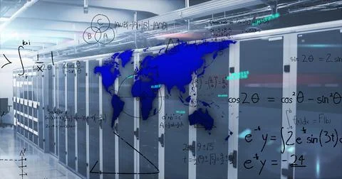 Image of blue world map, processing data and maths calculations over computer Stock Photos