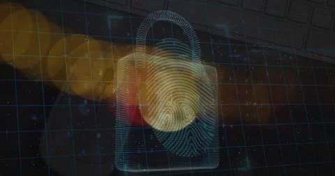 Image of blurred traffic lights over digital padlock with fingerprint and dark Stockfoto's